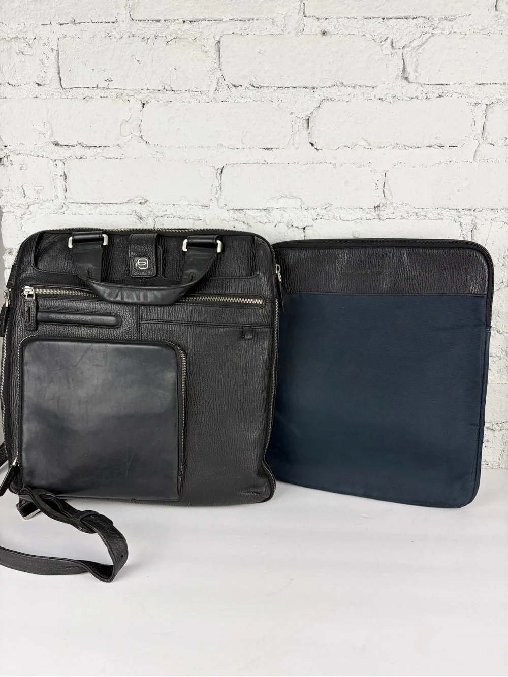 Piquadro Black Leather Vertical Briefcase Laptop Sleeve Travel Bag